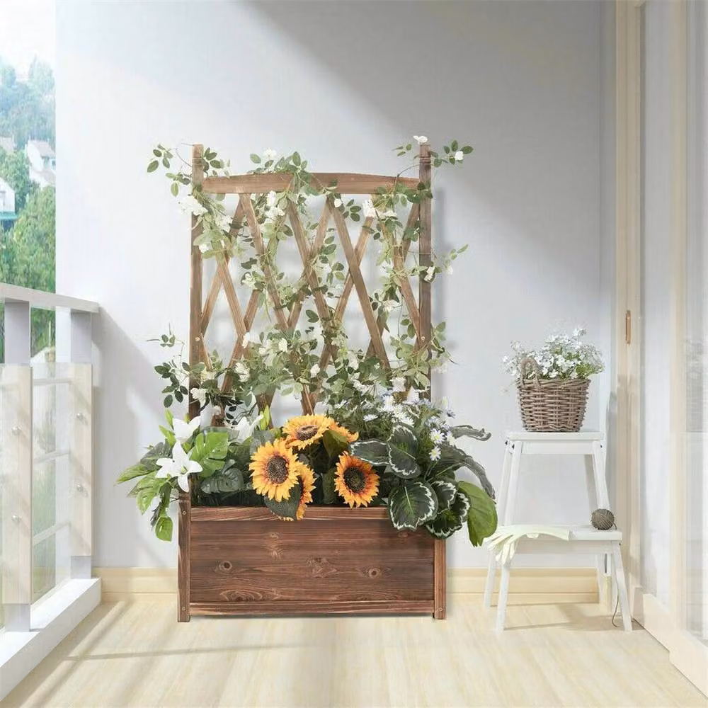 FLAVORA Wooden Raised Plant Bed with Climbing Trellis in Brown, W/D/H: 115 x 64 x 20 cm – 6