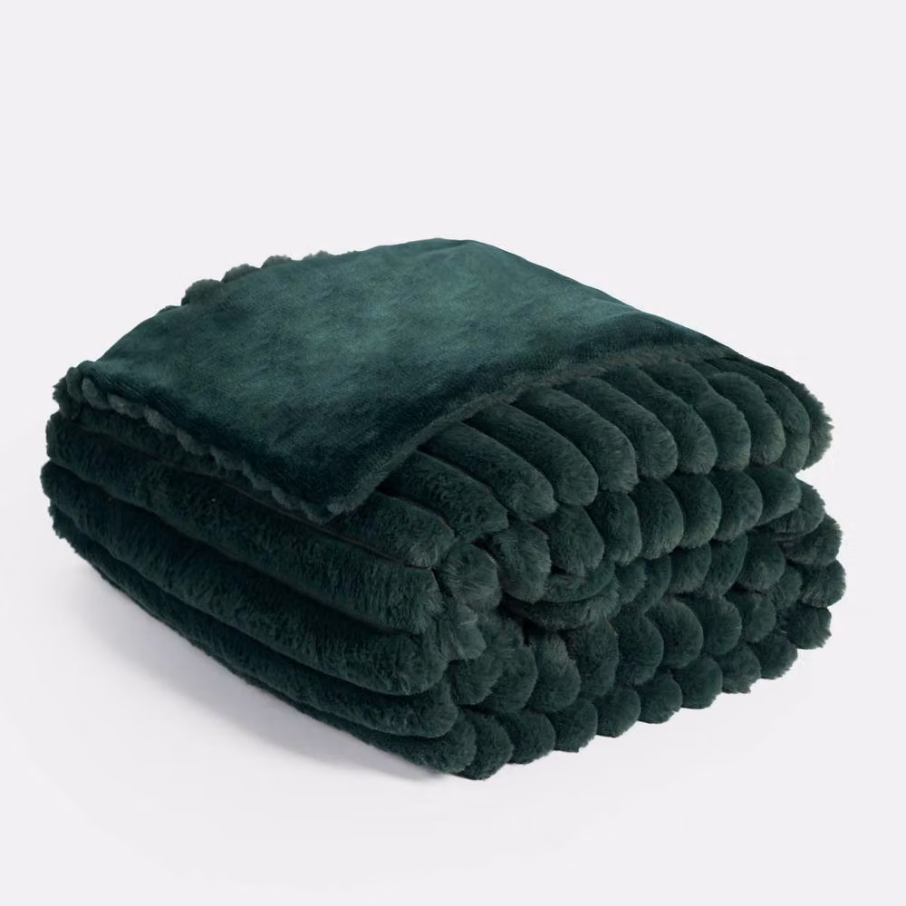 OHS Green Faux Fur and Ribbed Fleece Throw Blanket, W: 150 cm, D: 200 cm – 3