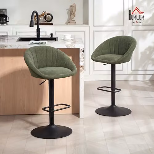 HOMCOM Set of 2 Swivel Bar Stools in Green Fabric with Metal Footrest – 2