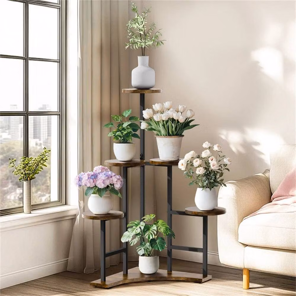 Kelvenix 6-Tier Corner Plant Stand, Brown Metal and Wood Ladder Shelf – 3