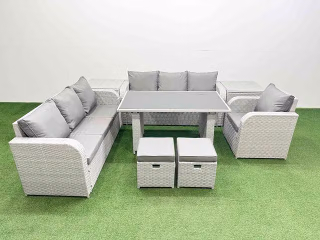 Fimous 9-Seater Patio Rectangular Table and Sofa Set in Light Grey with 2 Side Tables and 2 Stools