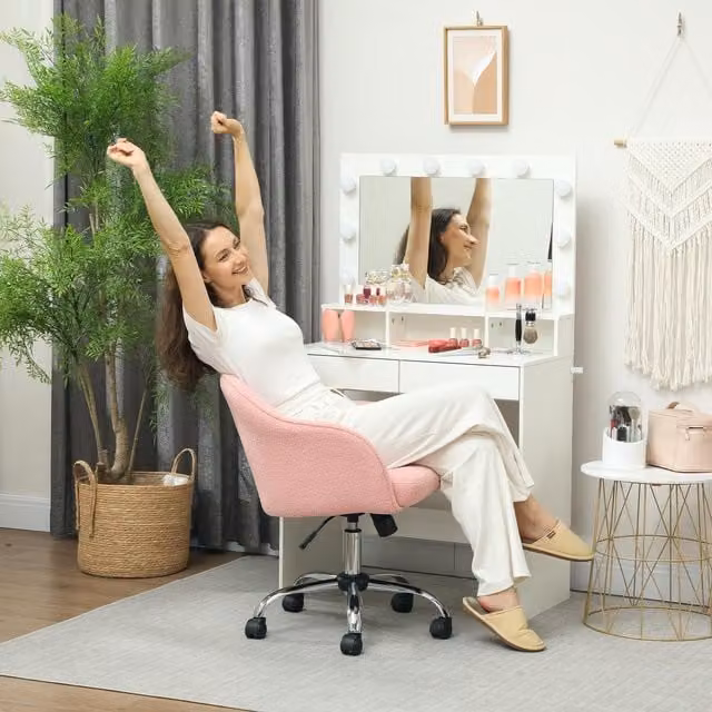 HOMCOM Pink Bouclé Fluffy Vanity Task Chair with Height Adjustment and Castors