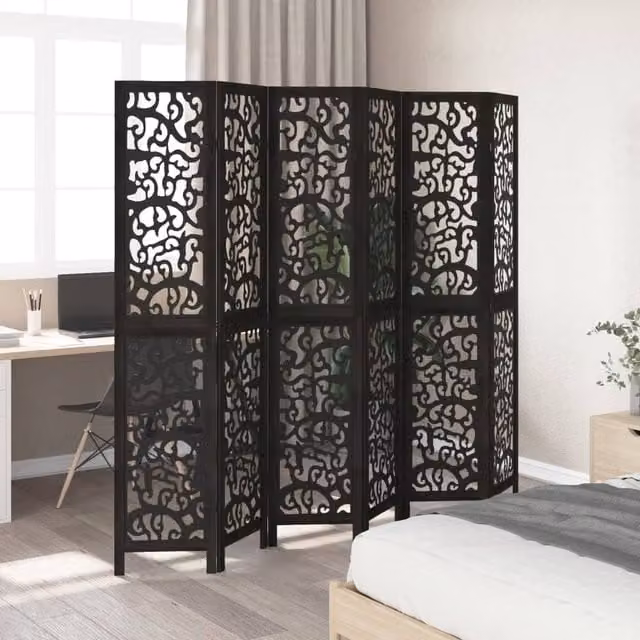 Berkfield Home 6-Panel Room Divider in Black Solid Paulownia Wood, H 215 cm x W 200 cm x D 1.6 cm
