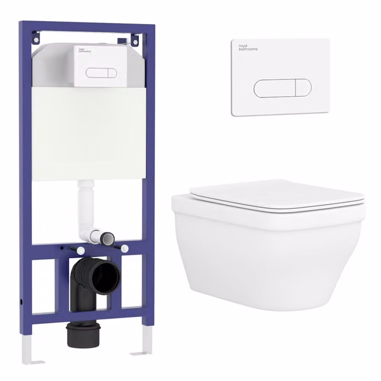 Royal Bathrooms Evora Wall Hung Rimless Ceramic Toilet with Slim Soft Close Seat and Aqua White Plate and Wall Hung Frame