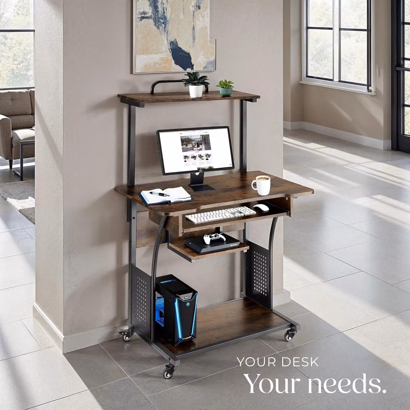 tectake Fife Computer Desk with 3 Levels, Attachable Shelf, Keyboard Tray and Castors in Brown – 6