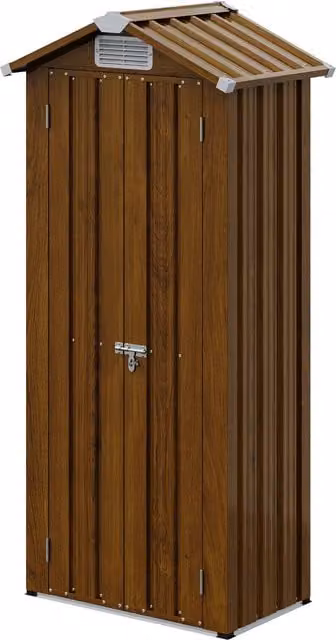 Livingandhome Metal Garden Storage Shed with Lockable Hinged Doors and Internal Shelves, Brown Wood Grain