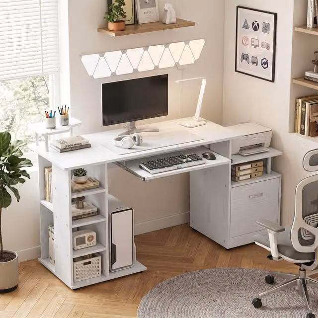 HOMCOM Modern White Wood Effect Computer Desk with Drawer and Shelf