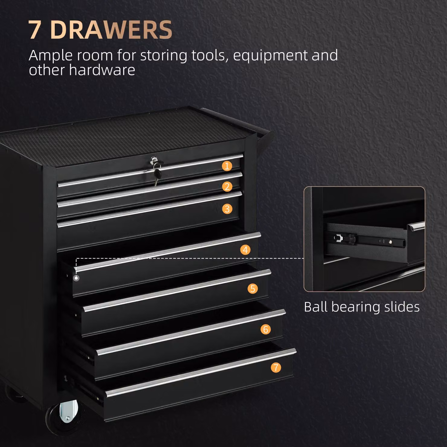 HOMCOM Rollable 7 Drawer Tool Storage Chest in Black – 4