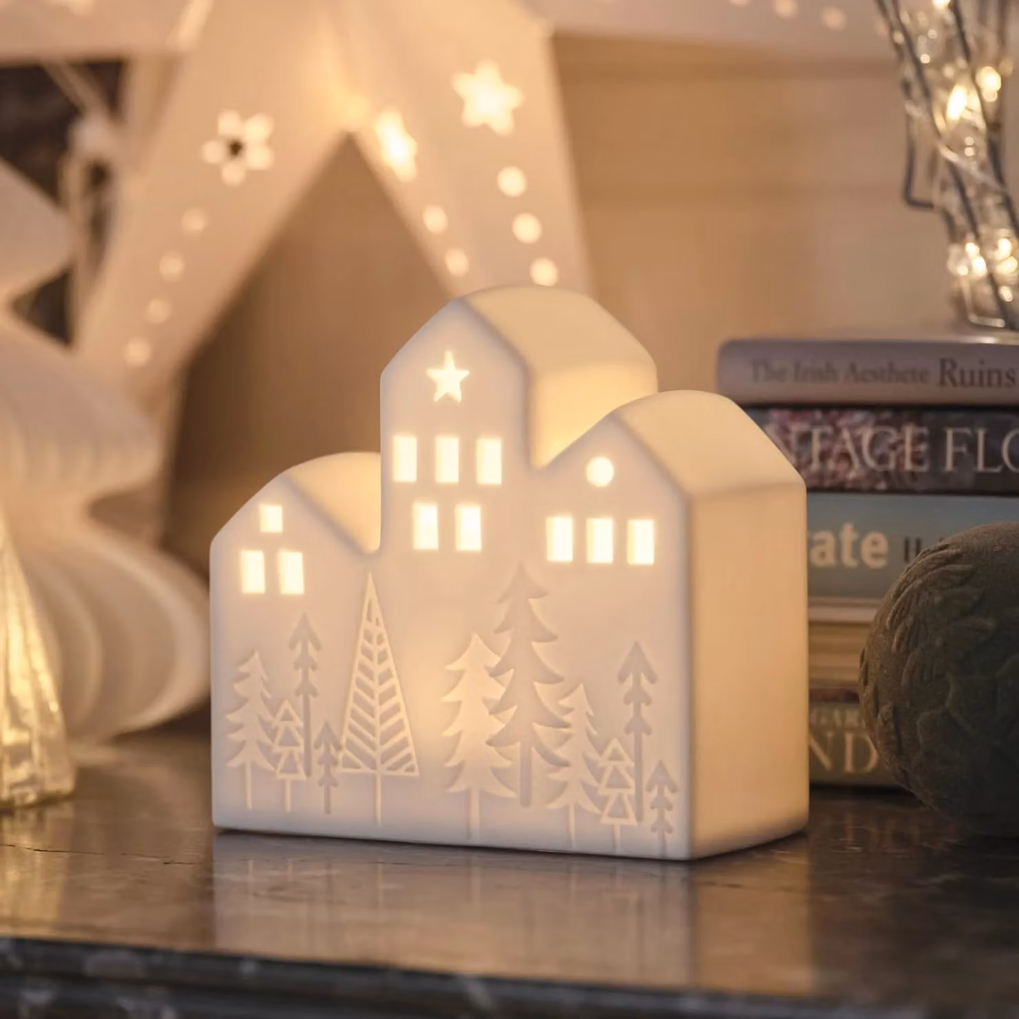 White Ceramic Scandinavian Style House LED Tabletop Christmas Decoration