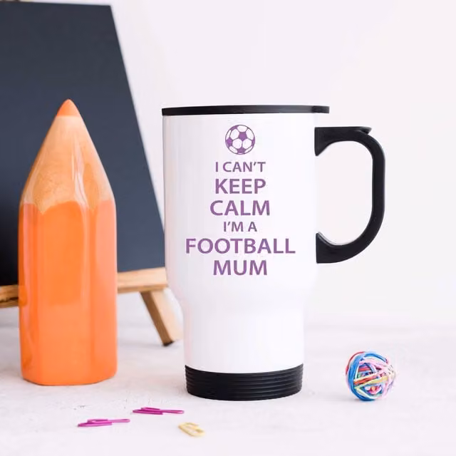 60 Second Makeover I Can't Keep Calm I'm a Football Mum Metal Travel Mug in White and Purple – 1