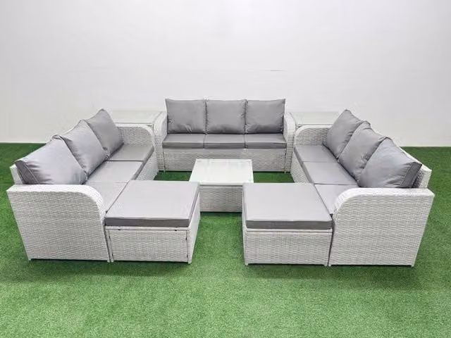 Fimous 11 Seater PE Rattan Outdoor Garden Furniture Set in Light Grey with 3 Seater Sofa, Square Coffee Table, 2 Footstools and 2 Side Tables