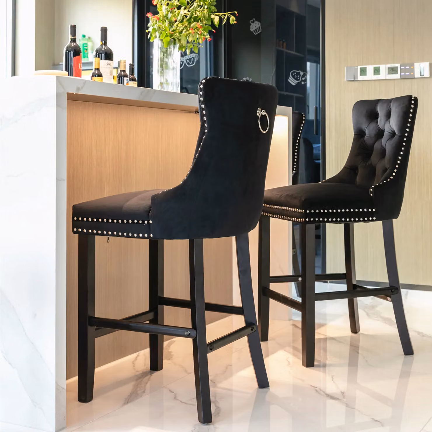 HomeTouch Set of 4 Black Velvet Bar Stools with Wooden Legs – 3