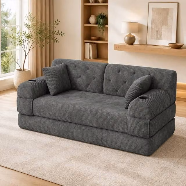STILVORA Modern Grey Upholstered Sleeper Sofa with Cup Holders and Metal Frame