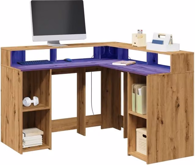 Berkfield Modern Corner Home Office Desk with LED Lights in Artisan Oak Brown, W/D/H: 130 x 130 x 91 cm