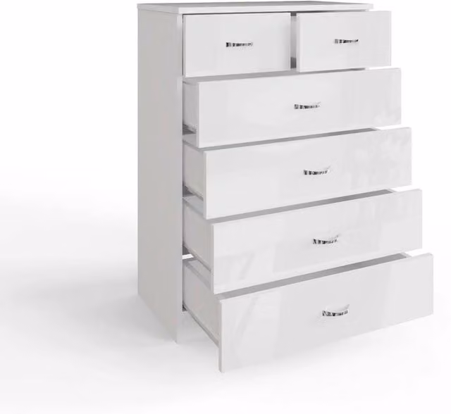 FLAVORA Gloss White 6 Drawer Chest of Drawers and Bedside Table