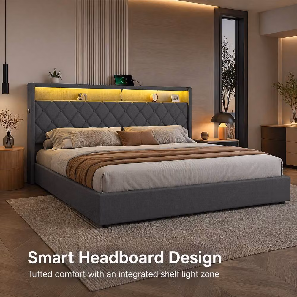 STILVORA Grey Upholstered 4ft6 Double Ottoman Bed with LED Lighting and USB Charging Station, W/D/H: 140 x 200 cm – 2