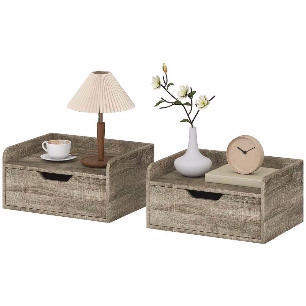 STILVORA Set of 2 Modern Wall Mounted Bedside Tables with Drawer in Grey – 3