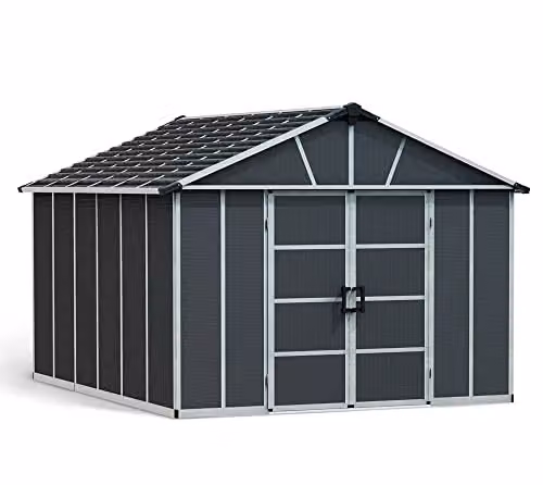 Palram Yukon Metal Tool Shed with Polycarbonate Panels and Double Doors, Grey, W: 332 cm, L: 395 cm, H: 252 cm