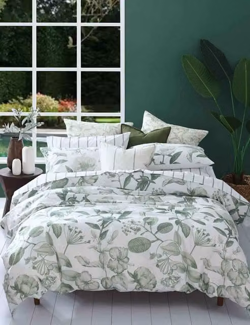 MM Linen White Botanical Leaf Pure Cotton Bedding Set W: 200 cm