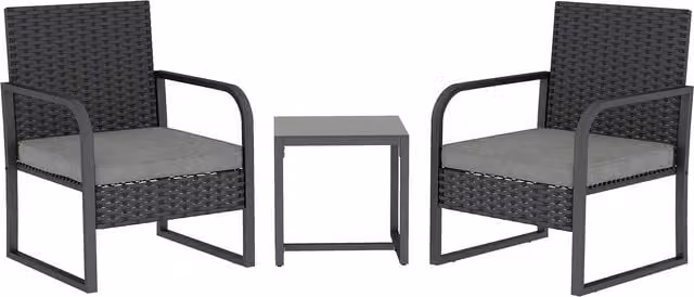Outsunny 3 Piece Rattan Bistro Set with Cushions and Glass Top Table, Black – 1