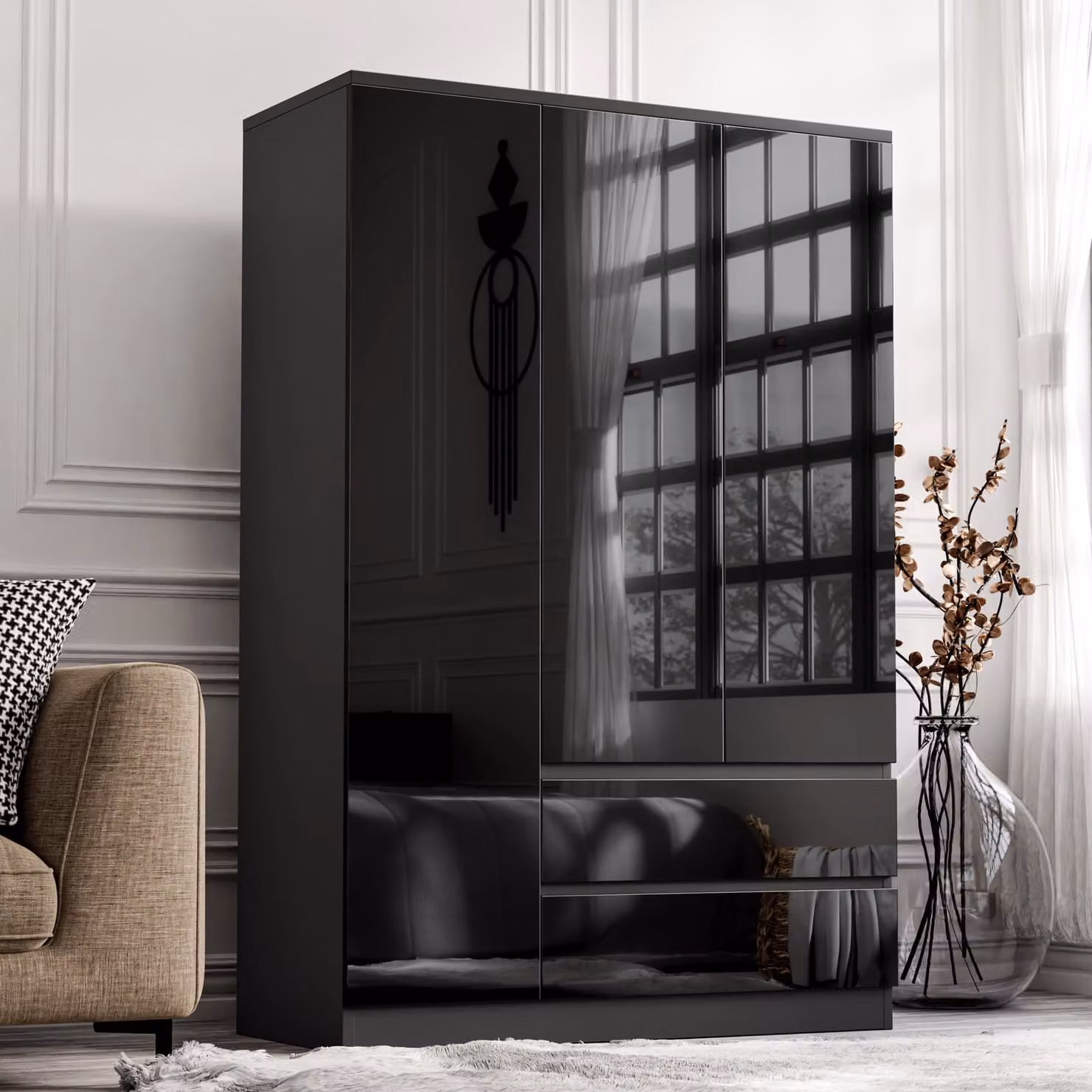 DHS Black High Gloss 3 Door Wardrobe with Internal Drawers and Shelves, H 180 x W 120 x D 50 cm