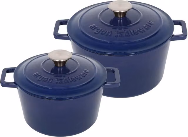 Argon Tableware 2pc Round Cast Iron Casserole Dish Set with Lids, 2.8l and 4.5l, Navy Blue