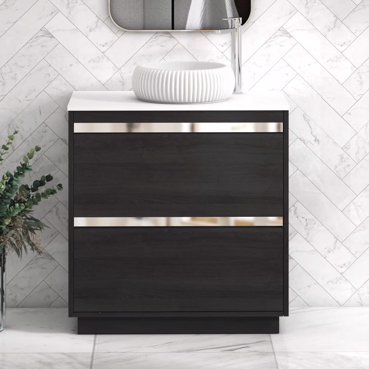 Royal Bathrooms Orion 800mm Hale Floor Standing Vanity Unit with Milan Basin and 2 Drawers in Black and White with Chrome Accent Trim