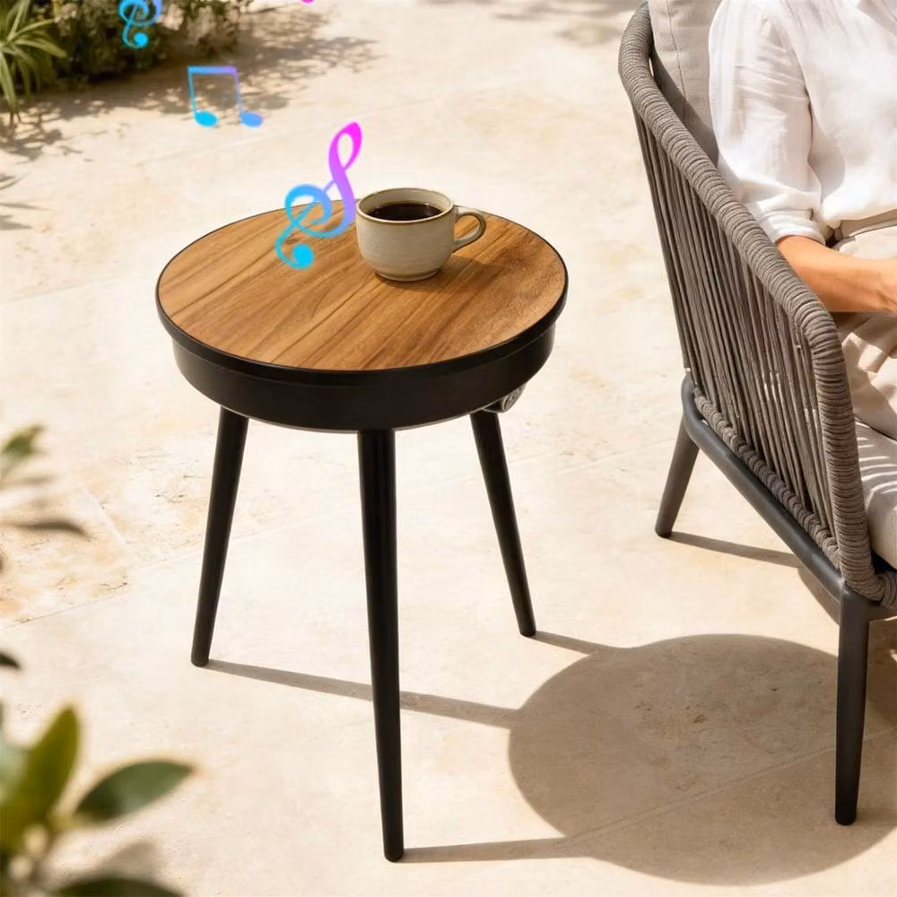ERGOVEXA Round Walnut and Black Wood Side Table with Integrated Bluetooth Speaker – 5