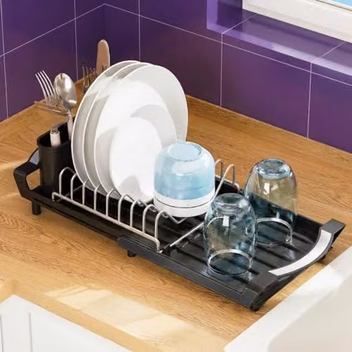 Spares2go Expandable Stainless Steel Dish Drainer with Cutlery Holder, Black – 9