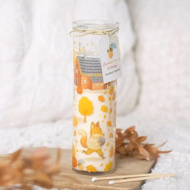 Uniqueful Cinnamon Woods Scented Pillar Candle in Multicolour Glass Tabletop Design