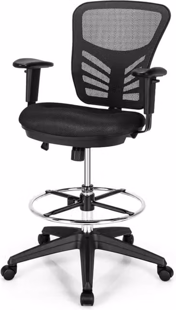 COSTWAY Black Mesh Drafting Chair with Footrest and Armrests for Home Office