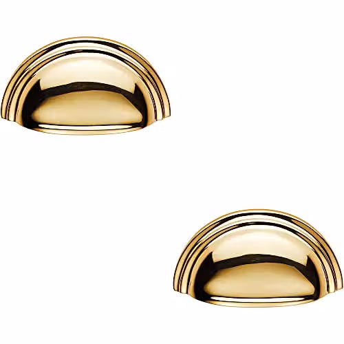 Loops 2 Pack Victorian Cup Pull Handles in Polished Brass, W: 9.2 cm, H: 4.6 cm, Fixing Centres: 7.6 cm – 1