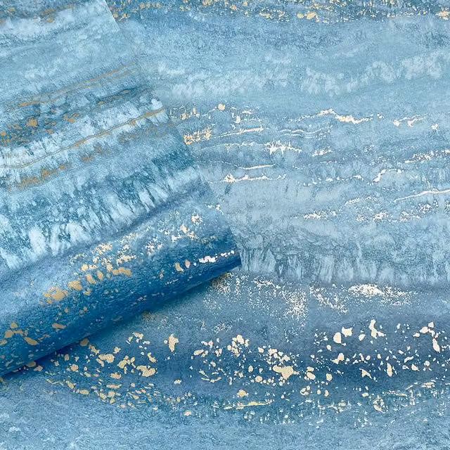Muriva Semper Abstract Marble Mural in Petrol, Gold and Blue