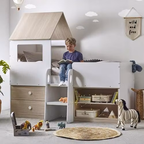 Julian Bowen Orpheus Mid Sleeper Bed Frame in White and Oak with Stairs and Drawers, W/D/H: 196.5 x 90 x 120 cm