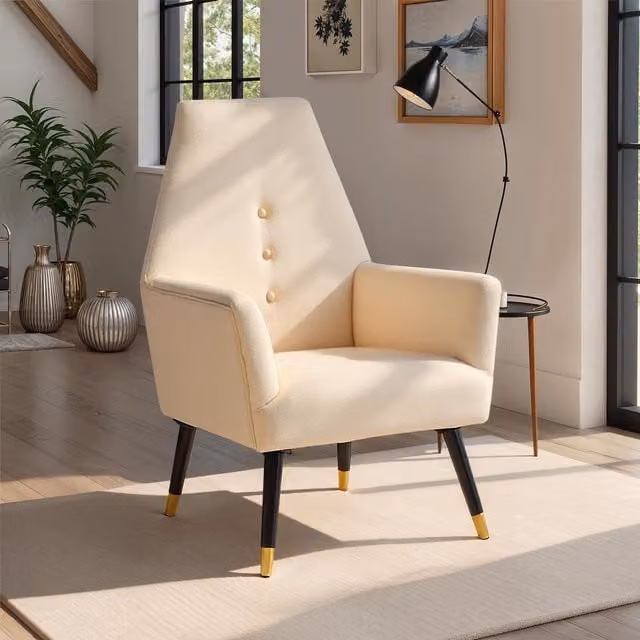FWStyle Stone Velvet Upholstered Armchair with Buttoned Back and Padded Accent Cushion