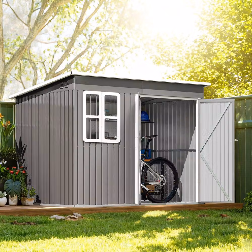 Rolipo Galvanised Metal Pent Shed with Foundation Kit and Window, Light Grey, W/D/H: 260 x 190 x 177 cm – 3