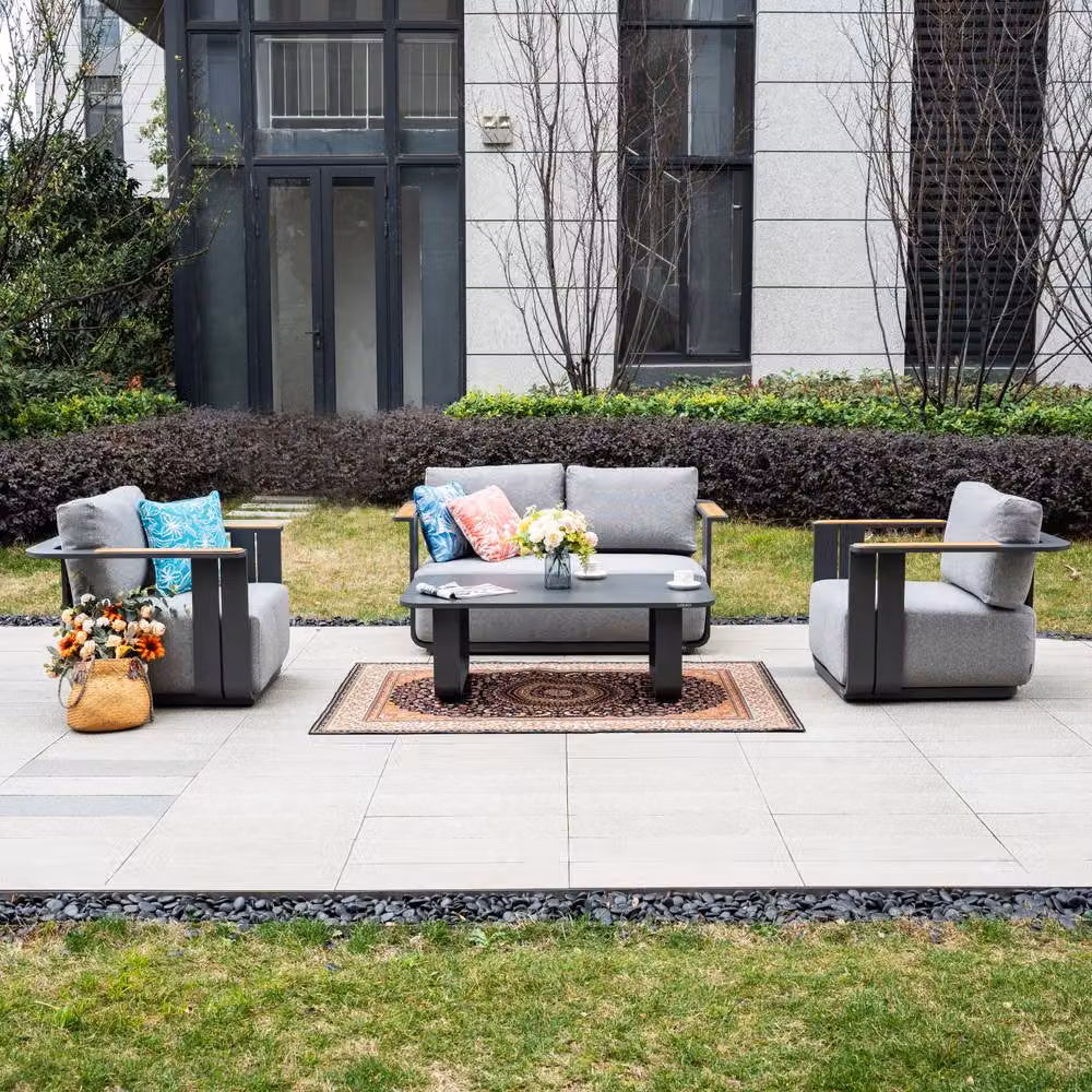 MIMO Garden 4-Seater Grey Aluminum Garden Sofa Set with Teak Armrests and Coffee Table – 5