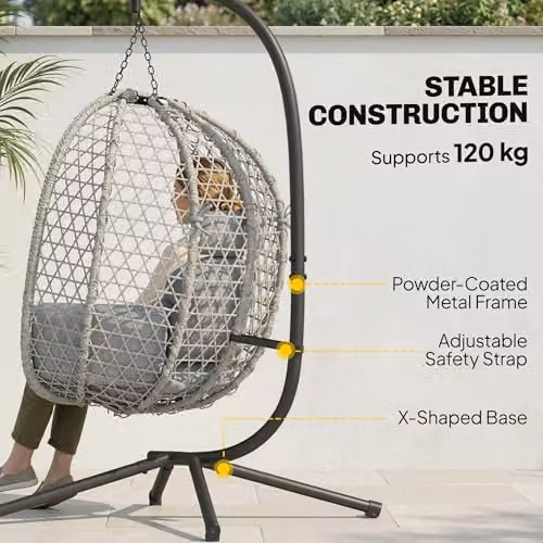 Outsunny Rattan Hanging Egg Chair with Stand in Light Grey – 3
