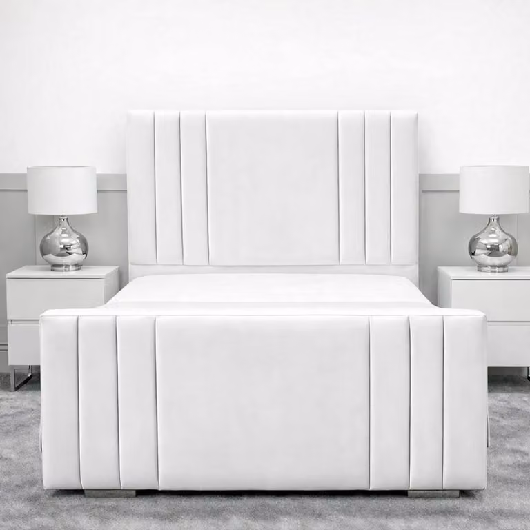 Living Comfort Bedz Canberra Double Plush Velvet Upholstered Bed with Slatted Base and 48 Inch Headboard in White