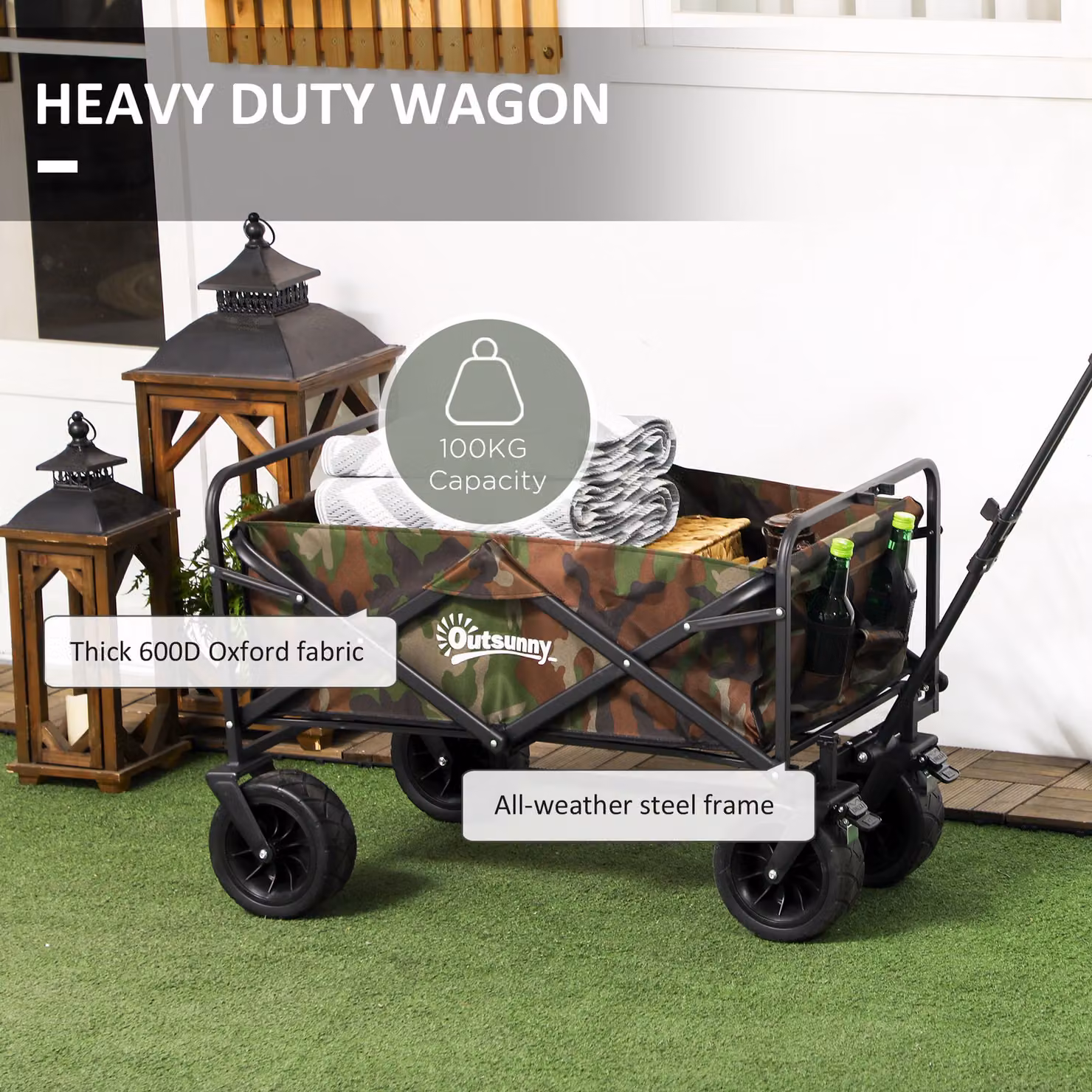 Outsunny Folding Garden Trolley with Carry Bag, Multicolour Outdoor Wagon Cart with 100kg Capacity – 6