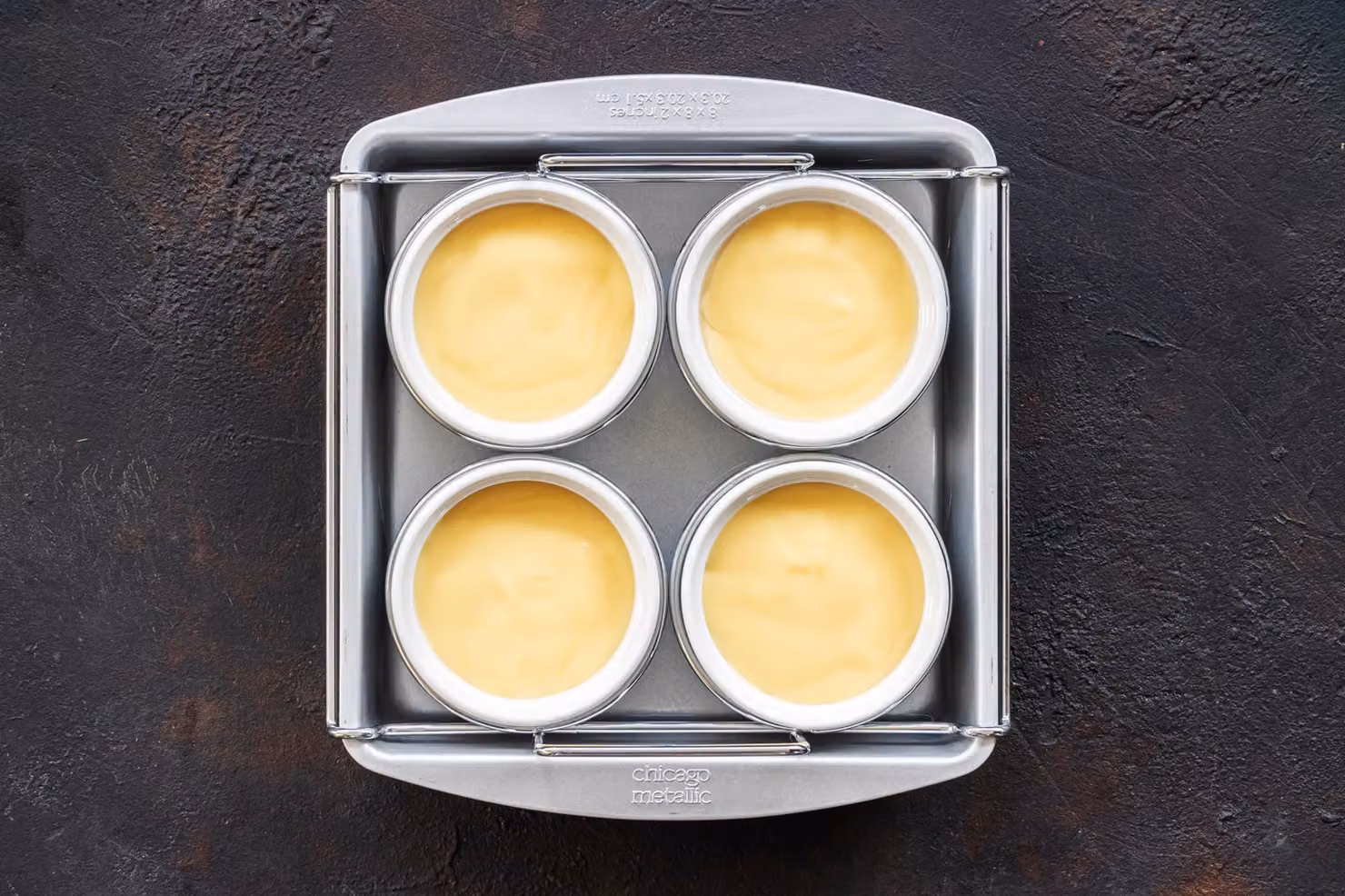 Chicago Metallic 6 Piece Creme Brulee Set with Ceramic Ramekins and Carbon Steel Baking Tin, Beige – 4