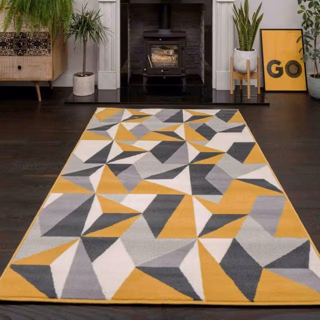 The Rug House Yellow Ochre and Grey Kaleidoscope Geometric Living Room Rug, W: 280 cm, D: 190 cm