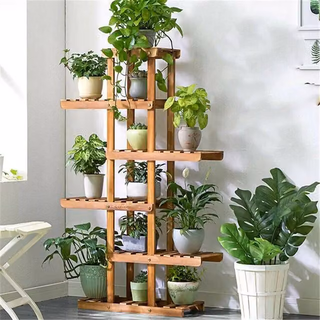 EONLION 6 Tier Rustic Brown Lacquered Wood Corner Plant Stand and Flower Shelf Rack