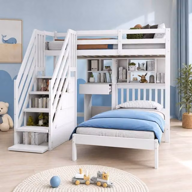 STILVORA White Solid Wood Childrens Single Bed Frame with Storage Drawers, W/D/H: 90 x 190 x 150 cm
