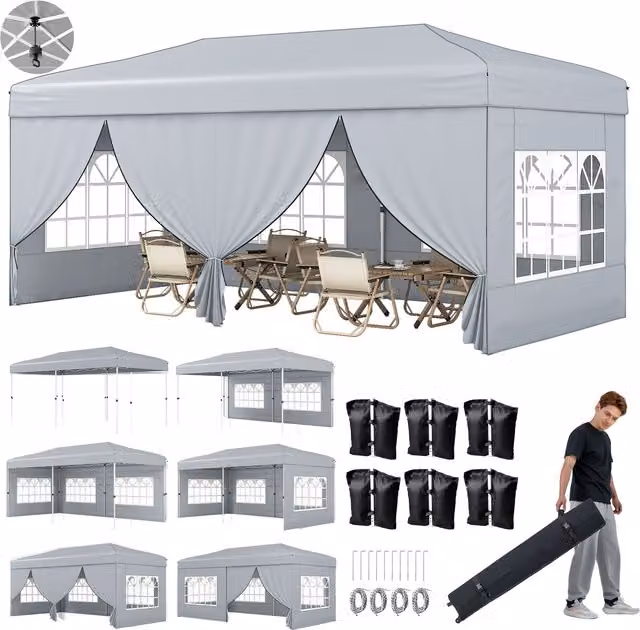 Costway Large Outdoor Pop Up Canopy Tent in Grey with UPF 50+ Protection, W: 600 cm, D: 250 cm, H: 250 cm