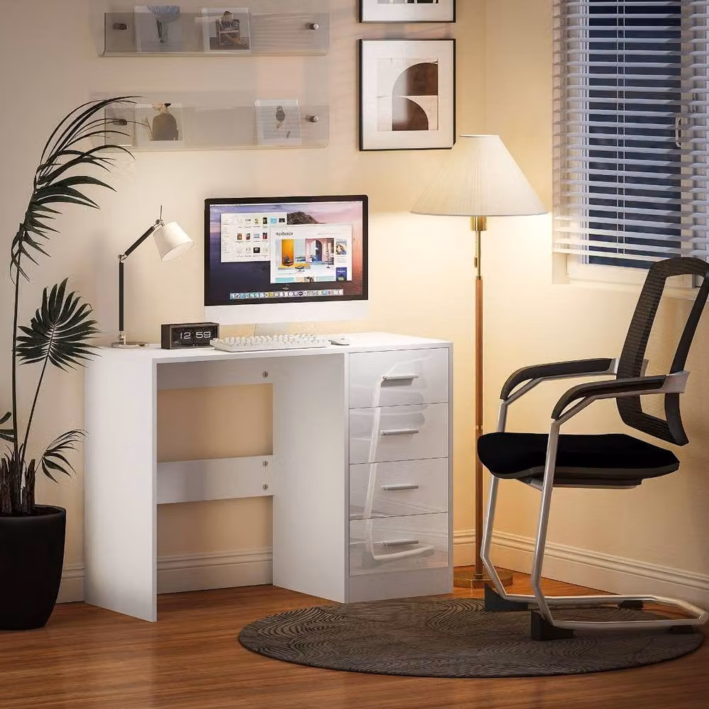 Rolipo High Gloss Computer Desk with Drawer Unit in White – 8