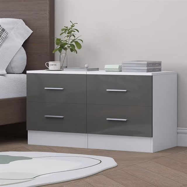 REFLECT 2-Piece Bedside Table Set with 2 Drawers in Grey High Gloss and Matt White Finish