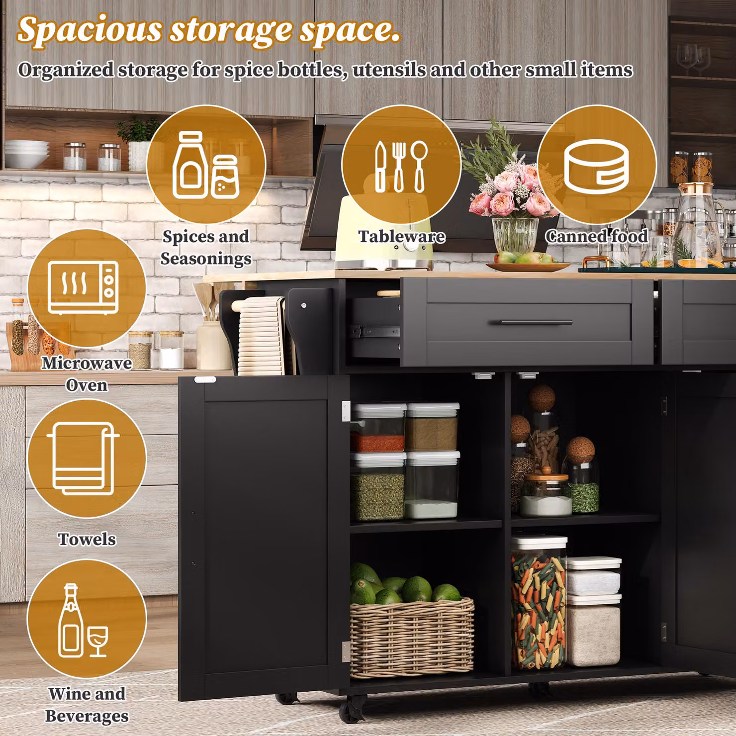Aosom UK Mobile Kitchen Island Trolley with 2 Drawers, Cabinets and Foldable Tabletop, Black and Beige, W: 129 cm, D: 46 cm, H: 91.5 cm – 4