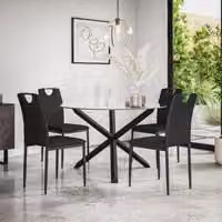 More4Homes Malvern Round Dining Table and Set of 4 Monza Faux Leather Chairs with Clear Glass Top and Solid Oak Black Legs, Diameter: 120 cm, Height: 75 cm