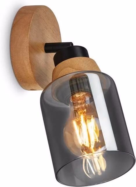 Briloner Black and Wood Adjustable E27 Wall Light with Glass Cylinder Spotlight for Reading in the Hallway, Bedroom or Living Room – 1